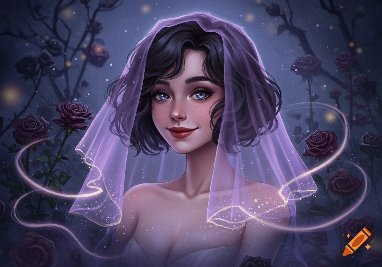 A smiling girl with short dark wavy hair and blue eyes wears a sheer purple veil, surrounded by dark roses and glowing particles.