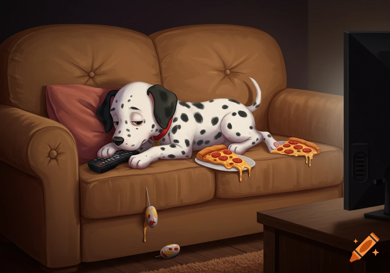 Cartoon Dalmatian puppy asleep on a brown couch with a TV remote and pizza slices slipping from its paws.
