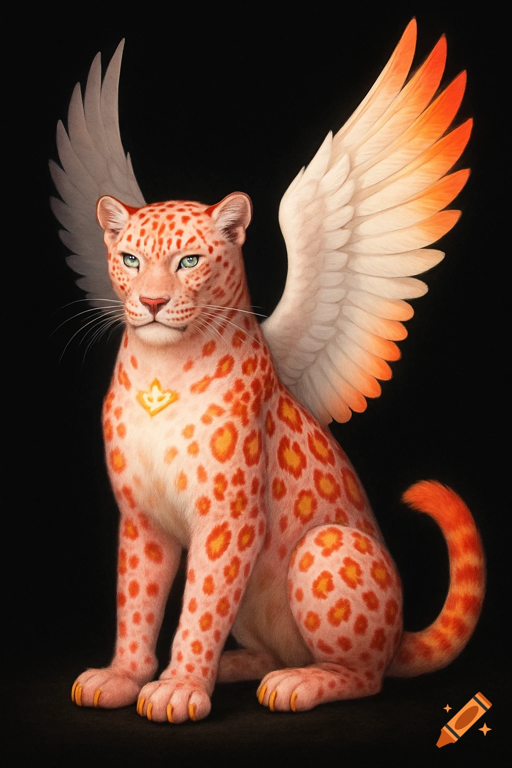 A majestic rose pink winged leopard with fire-colored spots, ice blue eyes, and a gold crown symbol, against a black background.
