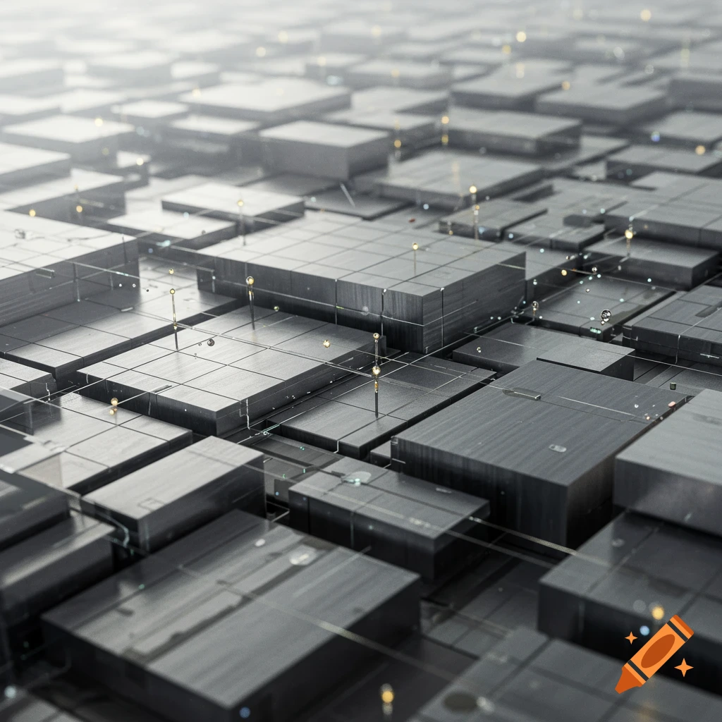 An abstract, close-up view of a dark, grid-like surface composed of raised metallic cubes with glowing light connections.