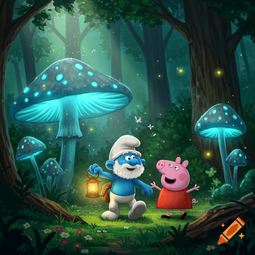 Papa Smurf with a lantern walks with Peppa Pig in a vibrant, enchanted forest with glowing blue mushrooms and fireflies, cartoon style.