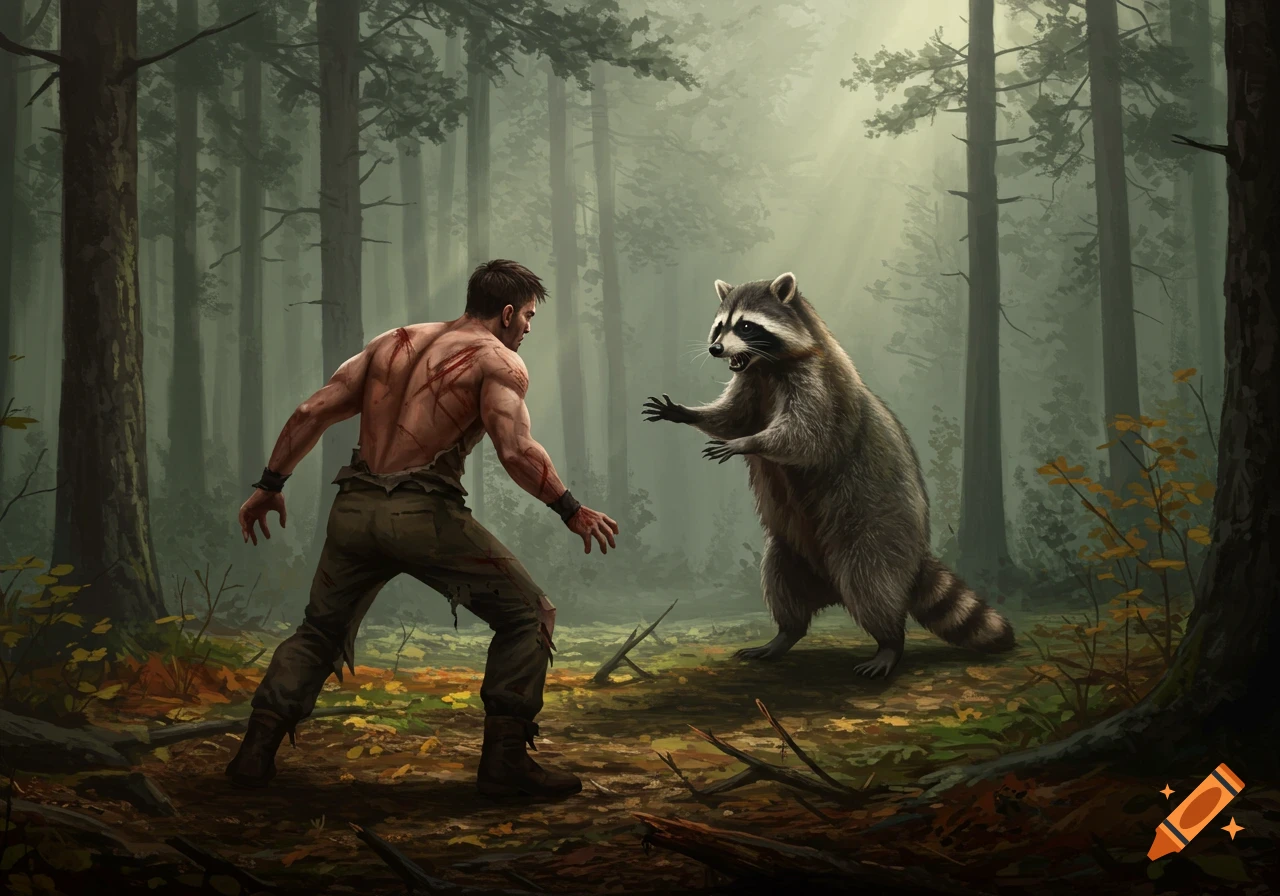 A muscular man with scratches on his back faces off against a large raccoon in a misty forest.