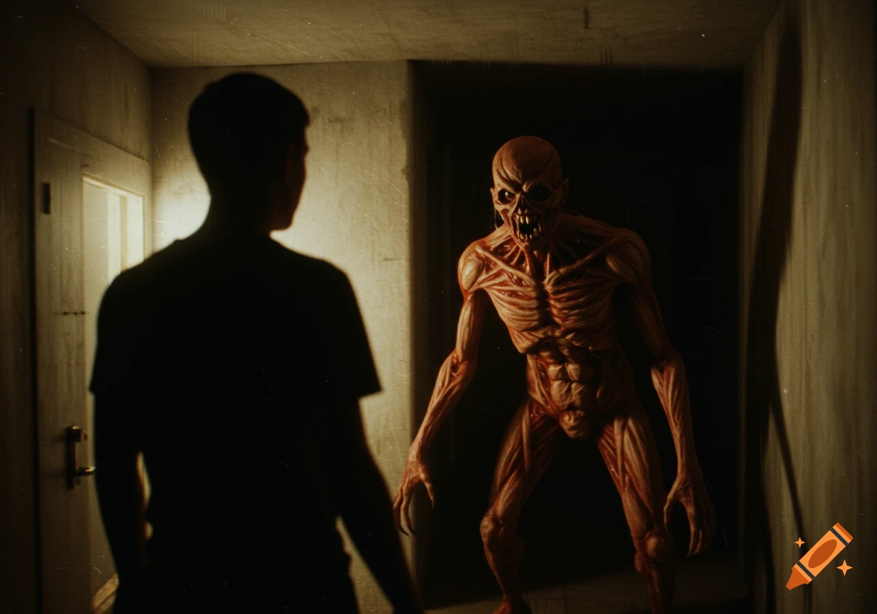 A dark silhouette of a person faces a grotesque, sinewy monster with sharp teeth in a dimly lit, grainy hallway, styled as found footage.