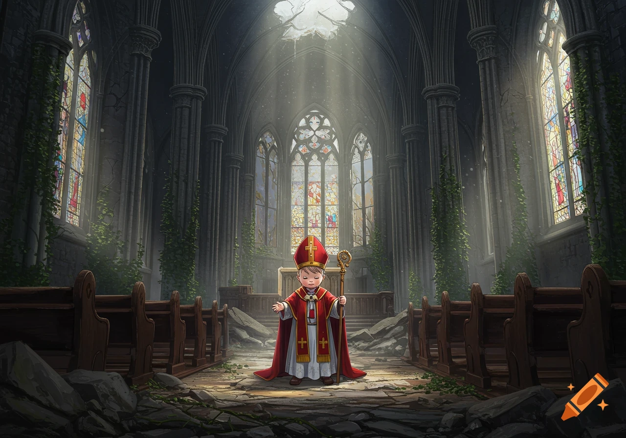 Anime-style toddler in bishop robes holding a crozier, standing in a grand, ruined cathedral with sunlight streaming through a hole in the ceiling.