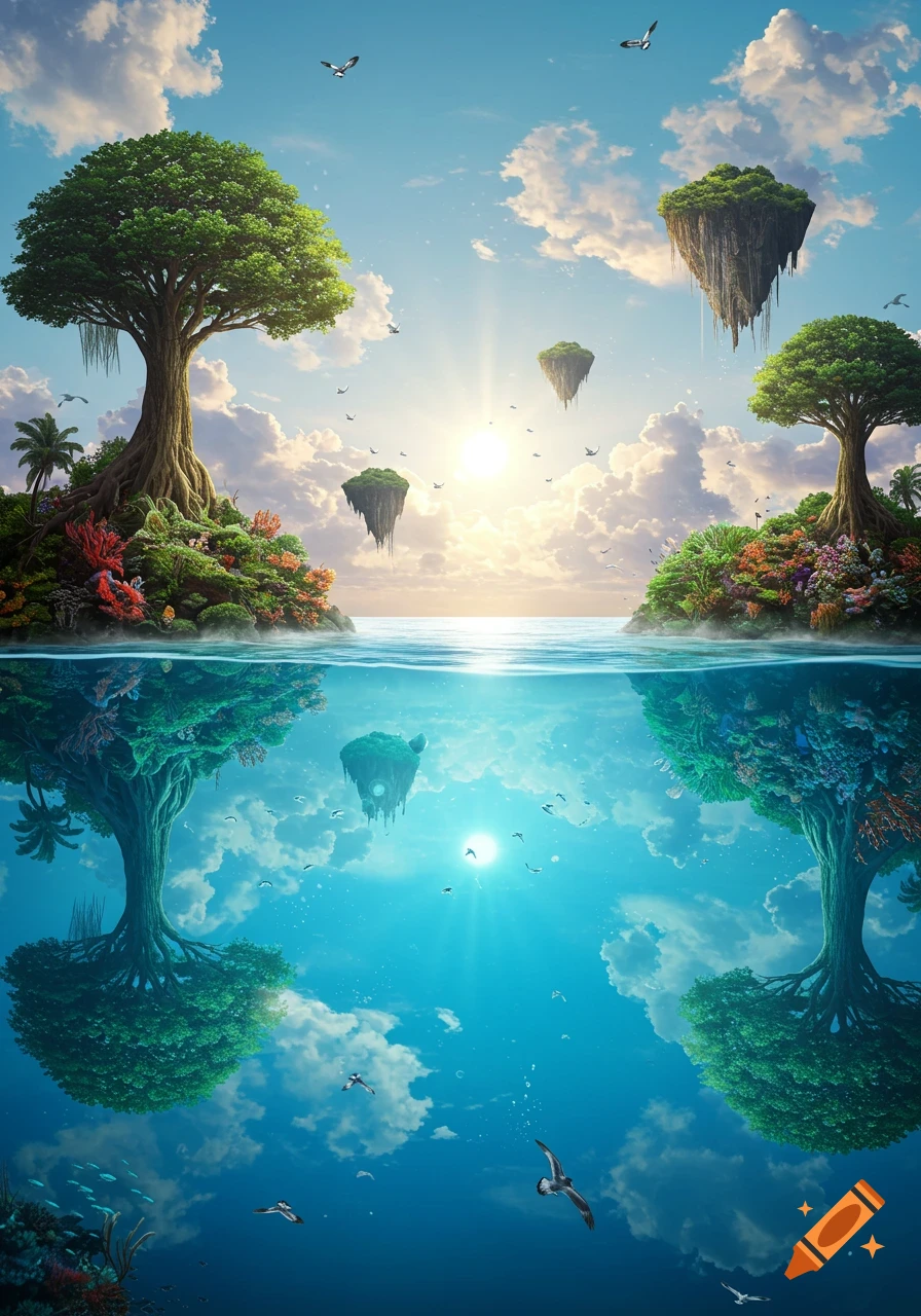 Vibrant fantasy landscape with lush trees on floating islands reflected in clear blue water, under a bright sky with birds.
