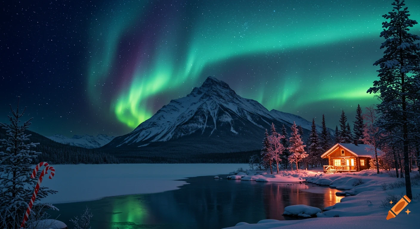 A cozy cabin by a frozen lake, surrounded by snowy pine trees, under vibrant green aurora borealis and a starry night sky, with a candy cane on a tree.