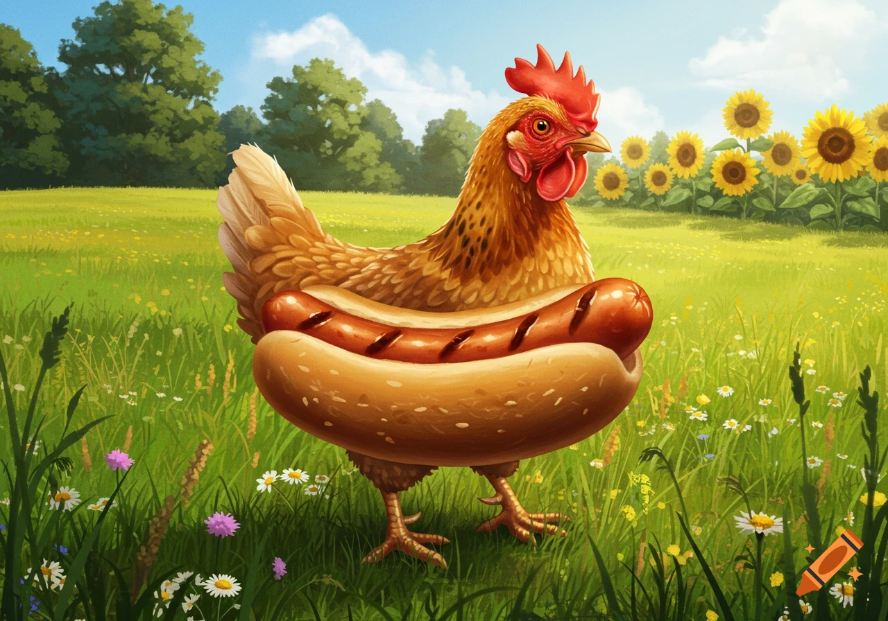 A whimsical illustration of a chicken with a hotdog for a body standing in a sunny grassy field with sunflowers.