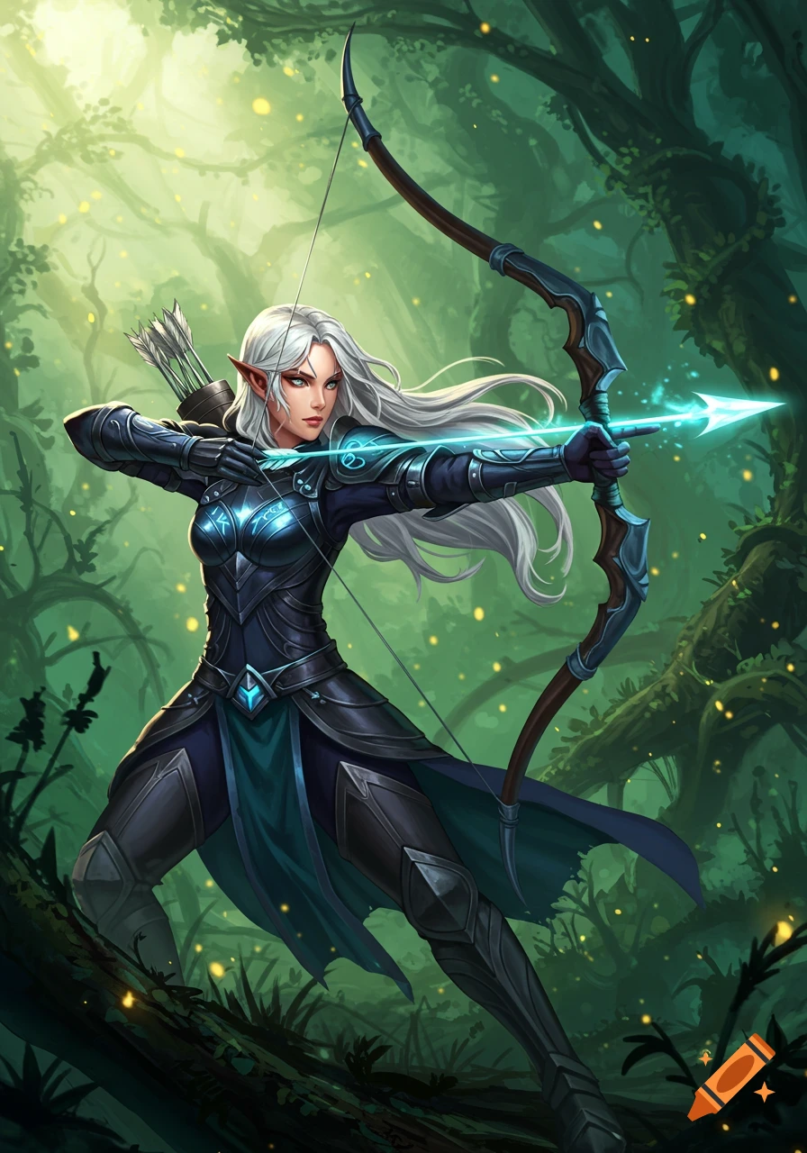 Female elf archer in dark armor with glowing arrow in a lush, green fantasy forest.