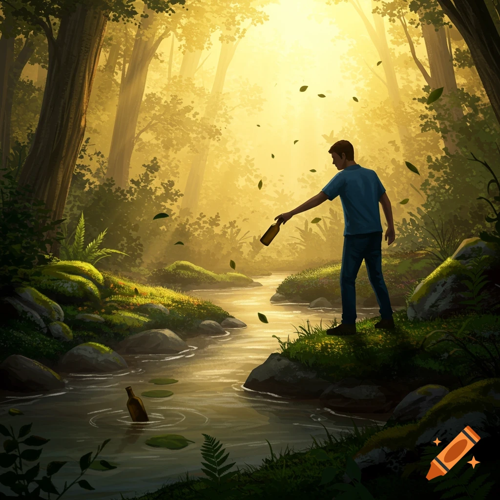 A man drops a bottle into a sunlit river flowing through a lush forest, an illustrative and symbolic scene.