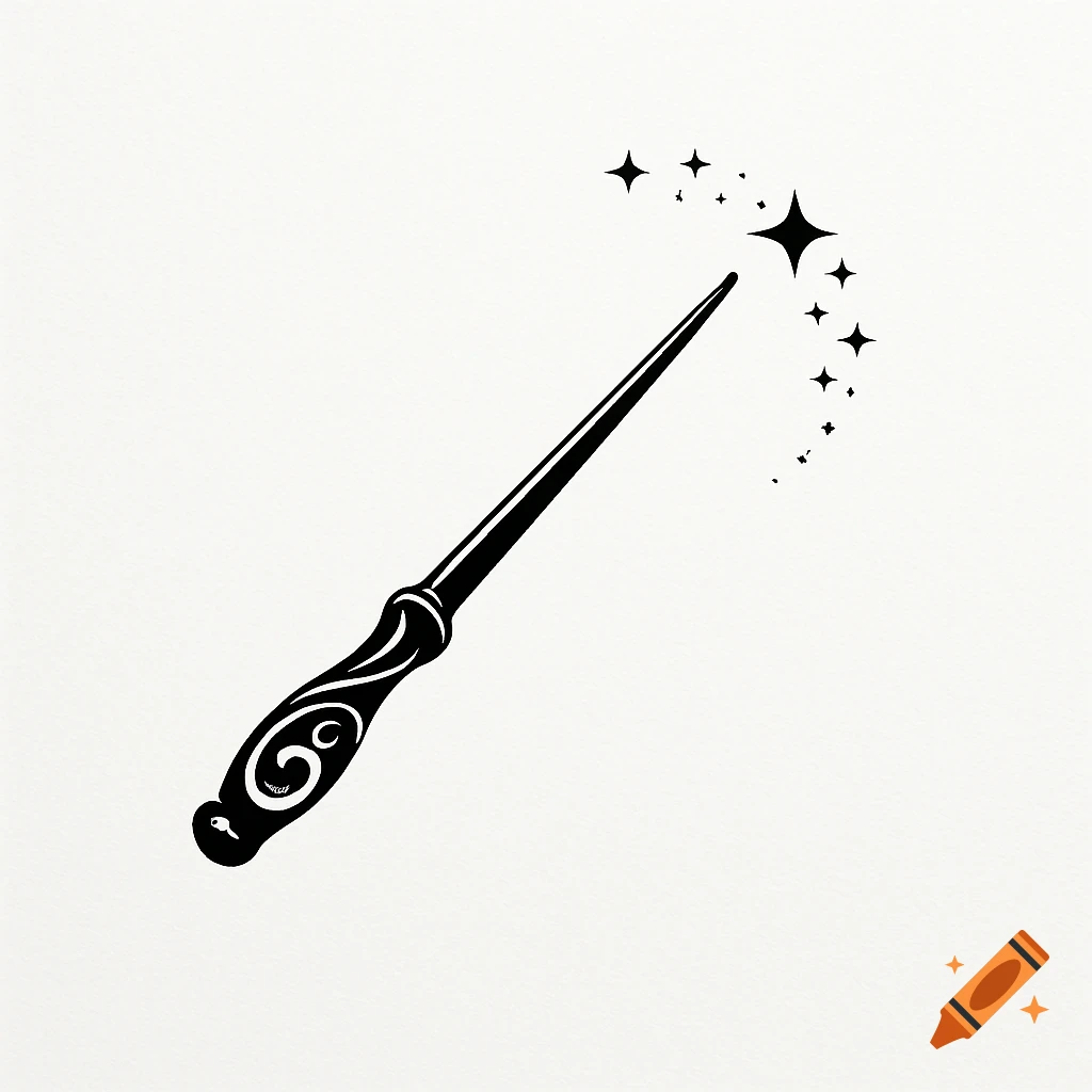 A black silhouette logo of a magic wand with swirling stars on a white background.