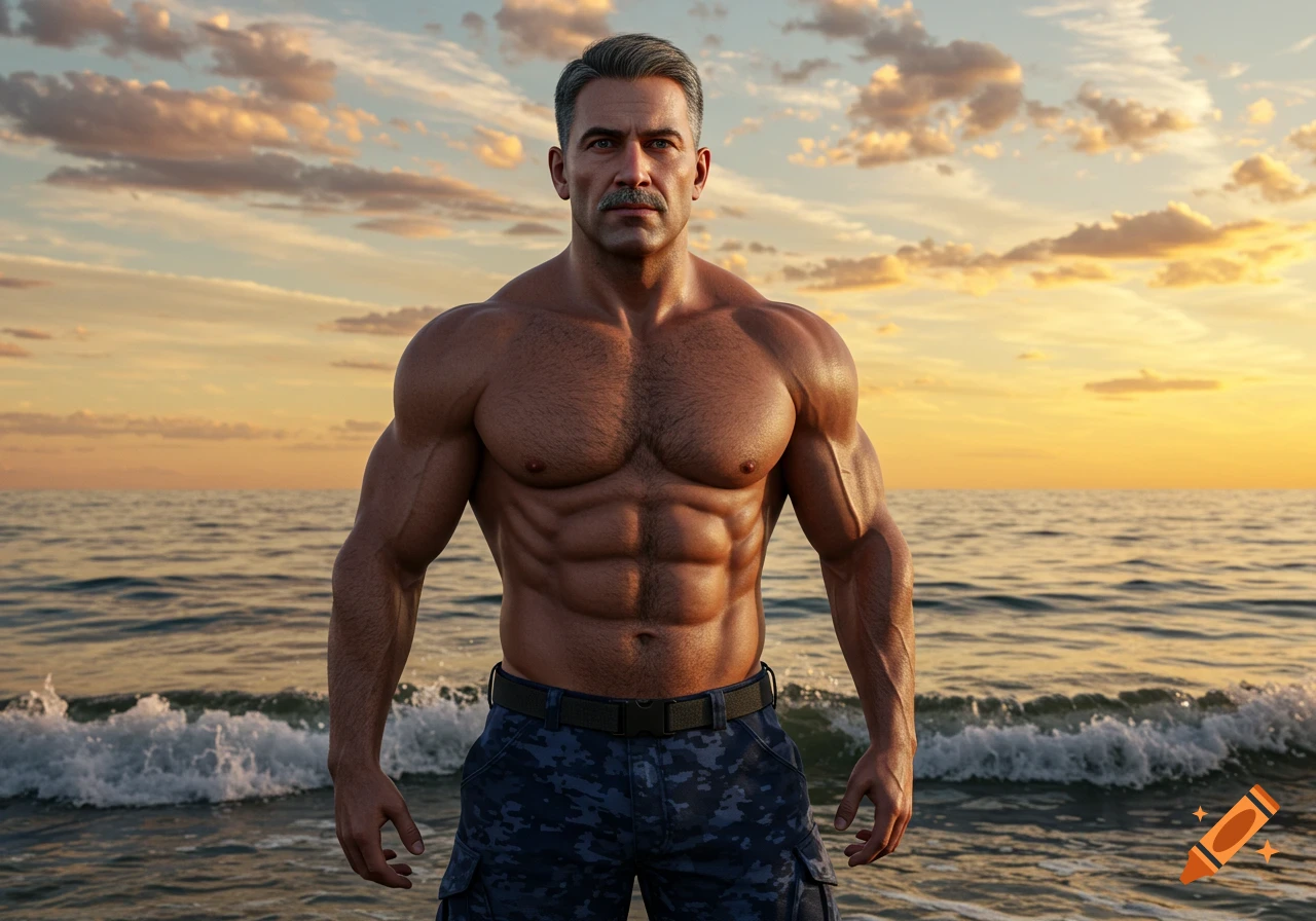 A photorealistic image of a very muscular man with a mustache and short hair standing shirtless in the ocean at sunset.