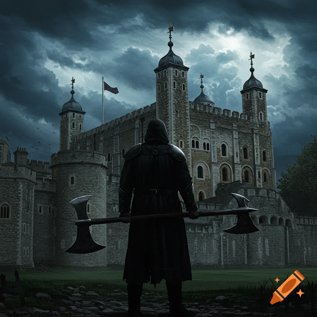 A hooded executioner with a large axe stands before the Tower of London under a dramatic, stormy sky.