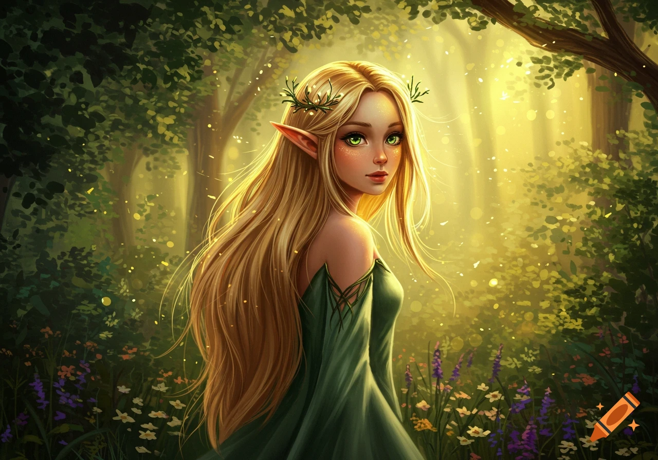 A digital painting of a blonde elf girl with green eyes in a sunlit fantasy forest.