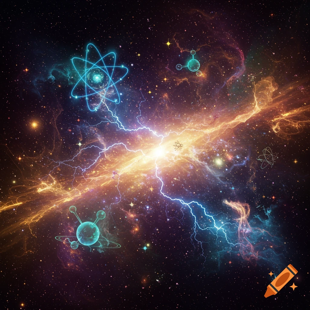 Vibrant cosmic scene with glowing nebulas, stars, lightning, and abstract atomic and molecular structures floating in deep space.