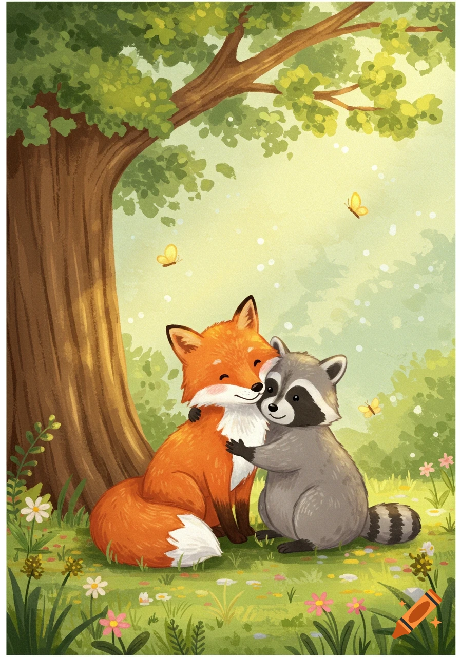 Cute illustration of a fox and a raccoon hugging under a tree in a sunny field with flowers and butterflies.