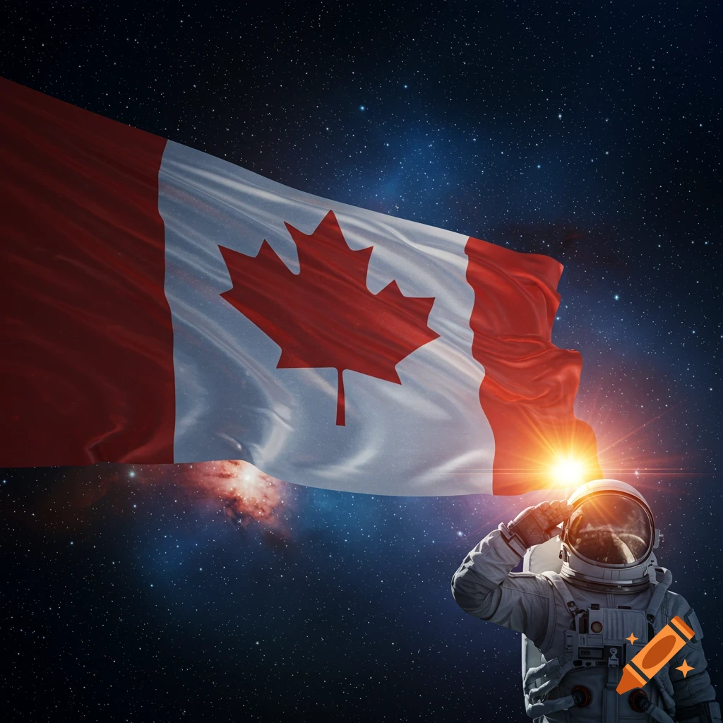 An astronaut salutes in space before a large, waving Canadian flag, surrounded by stars and nebulae.