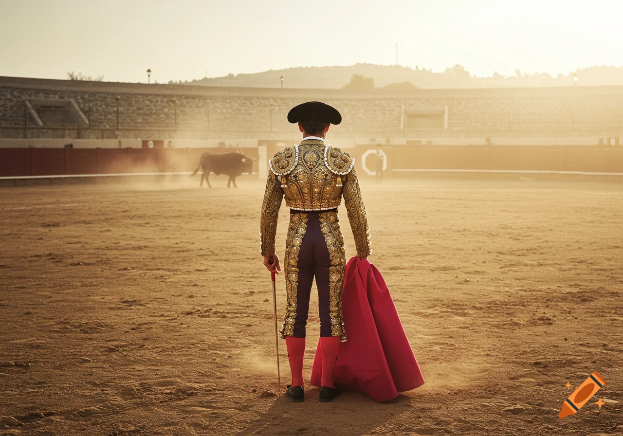 A matador in ornate gold and purple suit stands in a dusty bullring, facing a distant bull, holding a red cape and a sword stick.