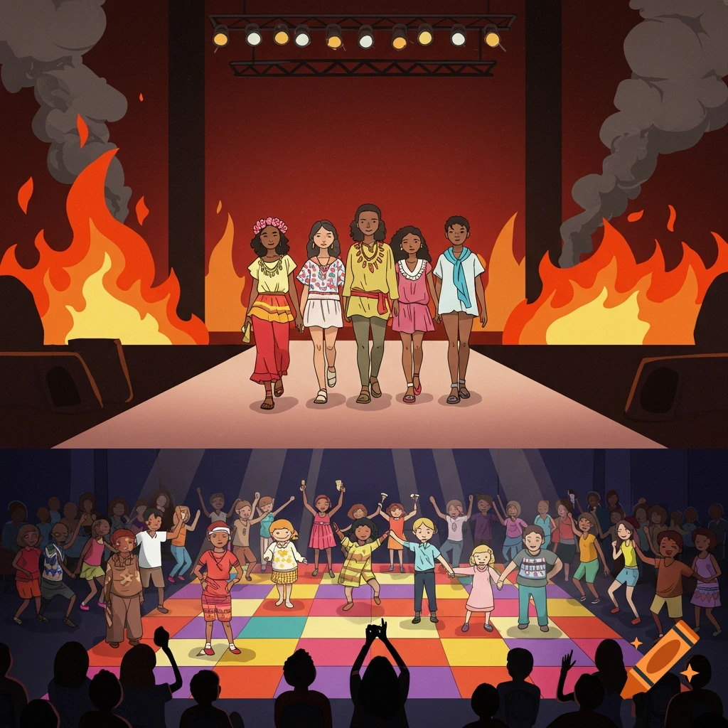 Colorful cartoon split image: diverse children model on a runway with background fires, and children dance on a checkered floor at a party.