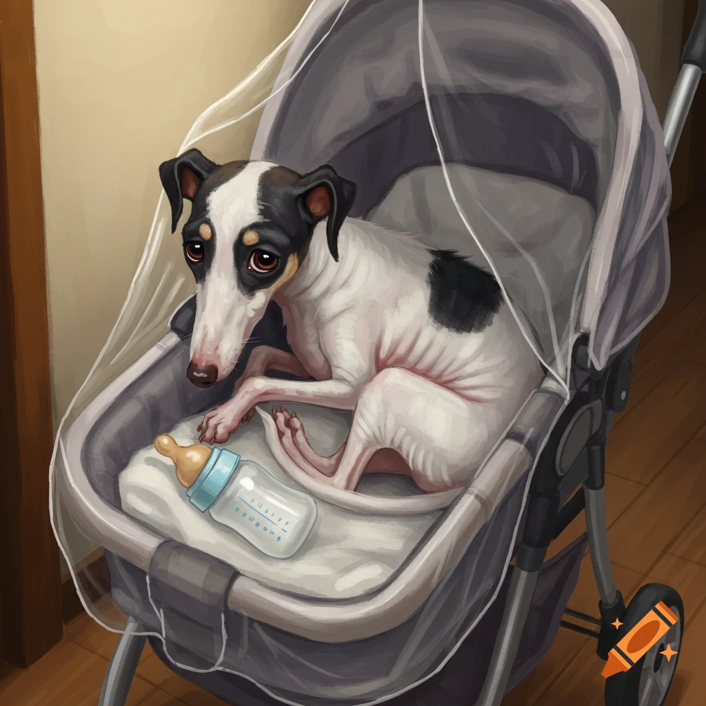 A sad, very skinny black and white dog lies curled up in a baby stroller with a transparent cover and a baby bottle inside, in a warm indoor setting.