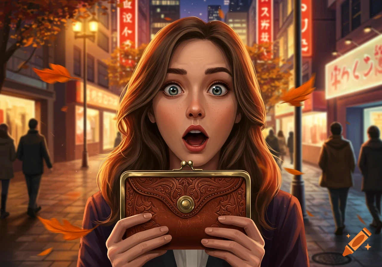 A surprised woman holding an ornate brown wallet on an autumn city street with glowing shop signs.