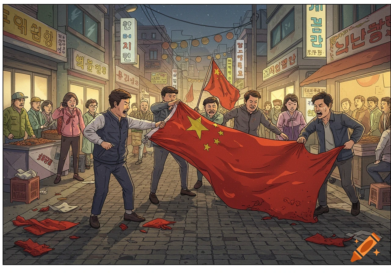 Cartoon of protesters on a Korean street tearing a red flag resembling the Chinese flag, with pieces on the ground.