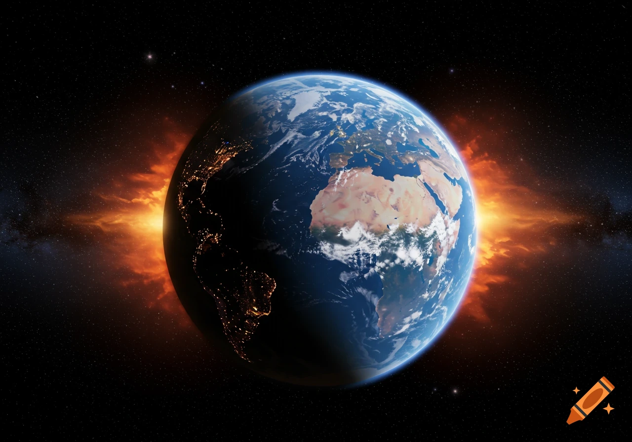Realistic view of Earth from space with a glowing orange atmosphere and visible city lights on the night side.