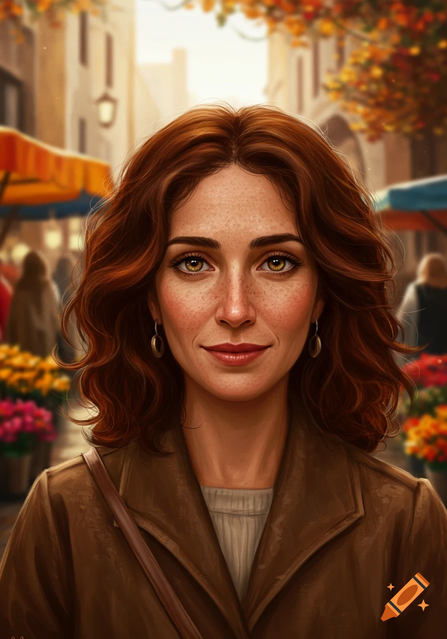 Painting of a smiling woman with red hair and freckles, wearing a brown coat, at an outdoor market.
