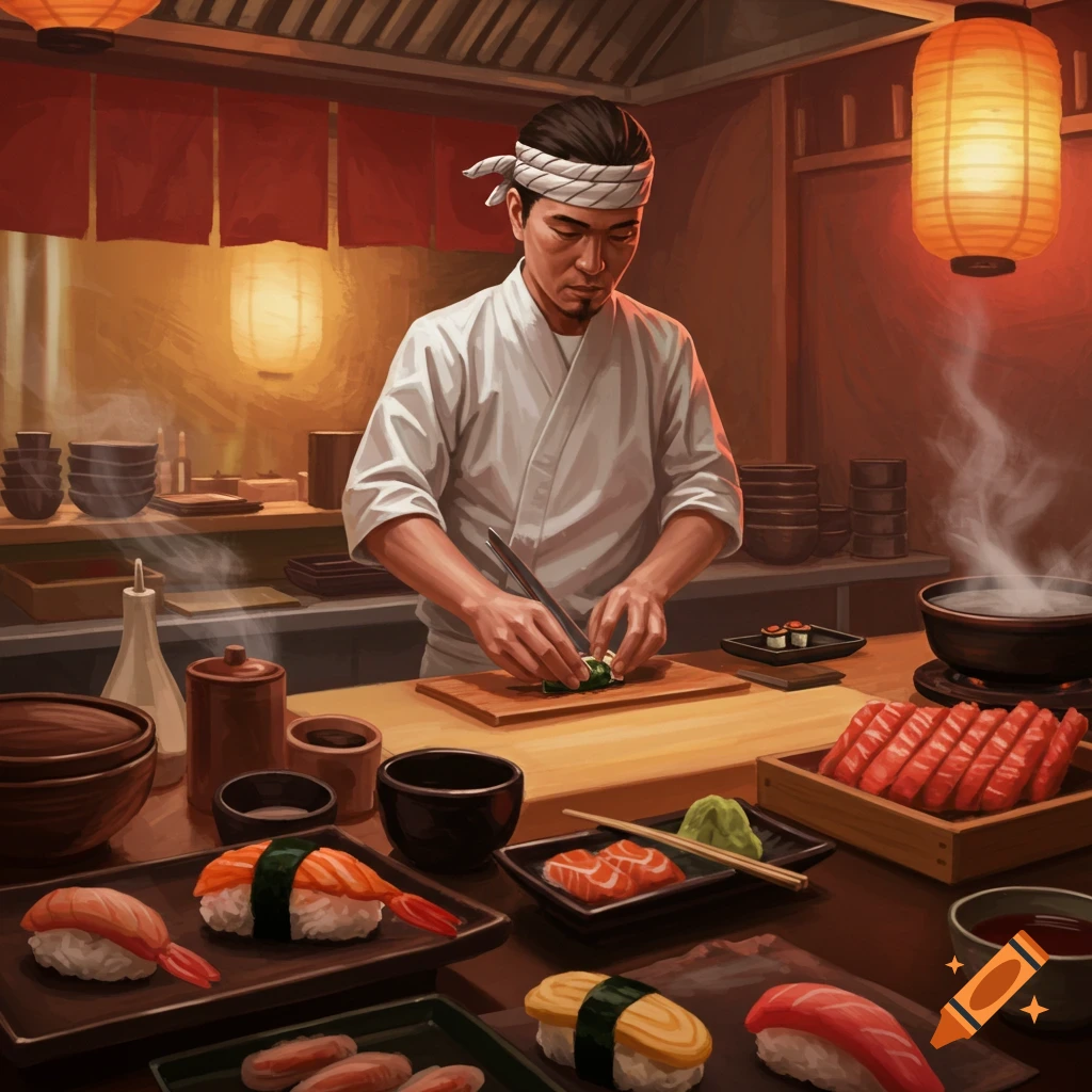 An illustrated sushi chef in a Japanese kitchen, preparing sushi with various dishes and ingredients on the counter.
