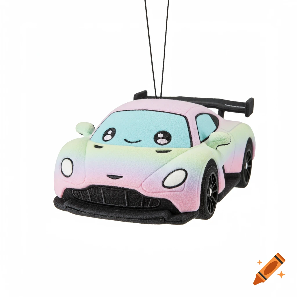 A kawaii pastel rainbow plush toy car with cute eyes and a smiling mouth, isolated on a white background.