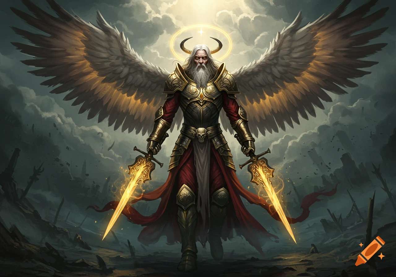 A powerful angelic warrior with large wings and a long beard stands with two glowing swords in a dark, ruined landscape.