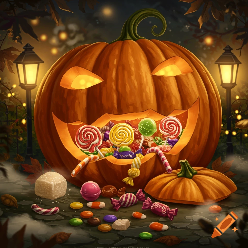 A festive jack-o'-lantern pumpkin full of colorful candies spilling out, illuminated by warm lanterns on a spooky night.