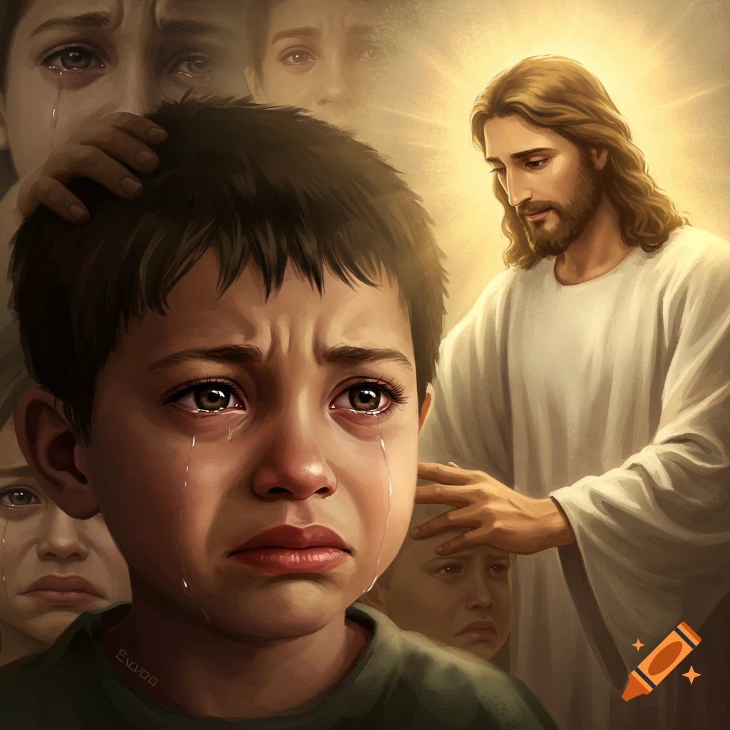 A distraught child cries as Jesus comforts him, placing a hand on his head, with blurred emotional faces in the background, digital art.