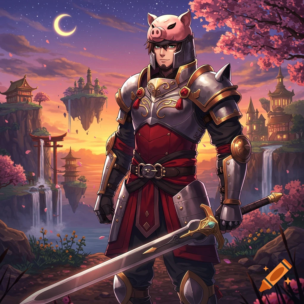 Anime knight in pig helmet armor, holding a large sword, stands in a vibrant fantasy landscape with floating islands and cherry blossoms under a crescent moon.
