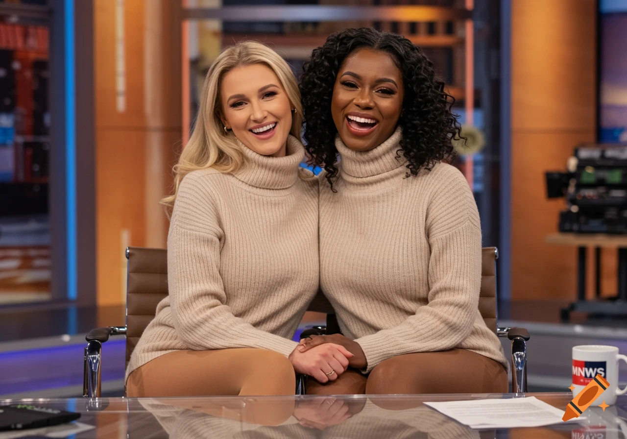 Two smiling women in matching turtlenecks sit close at a news desk in a studio, clasping hands.