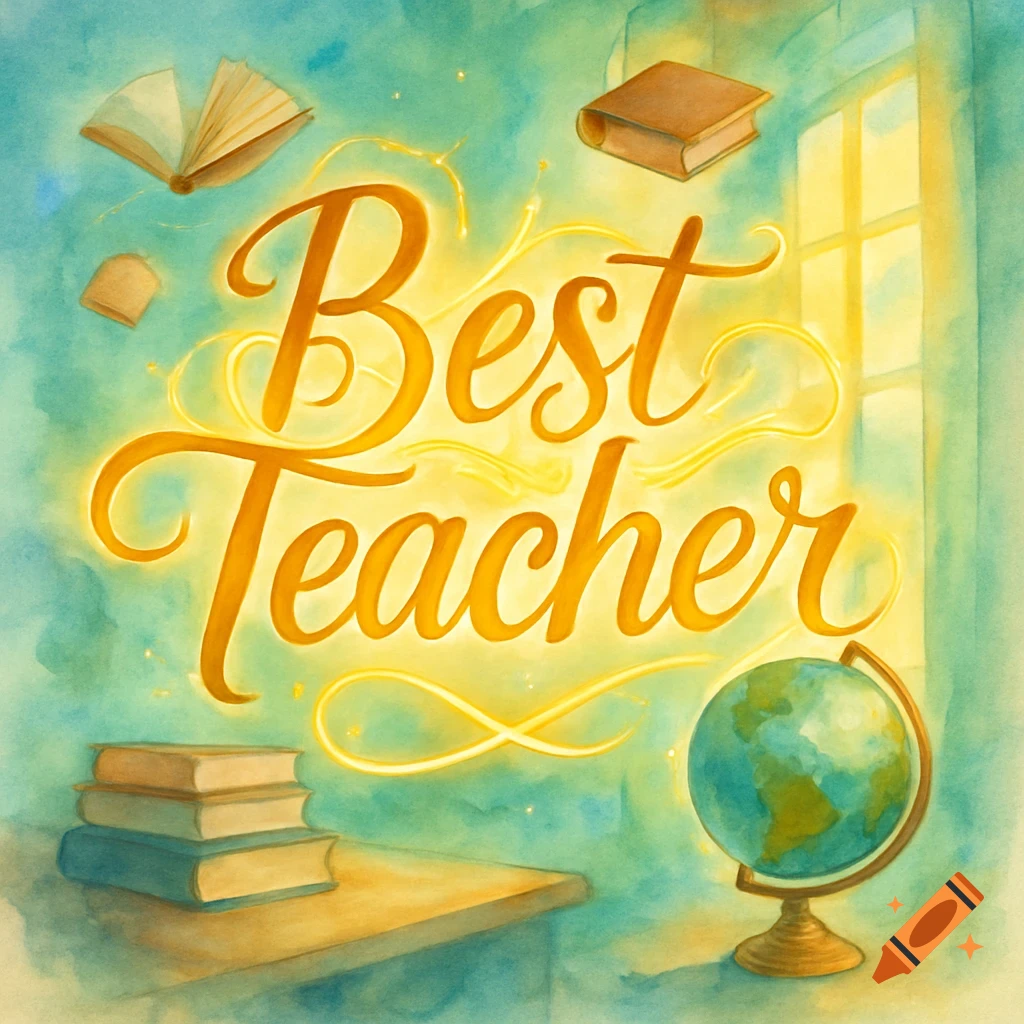 A vibrant watercolor illustration with glowing gold text 'Best Teacher' amidst books, a globe, and a window.