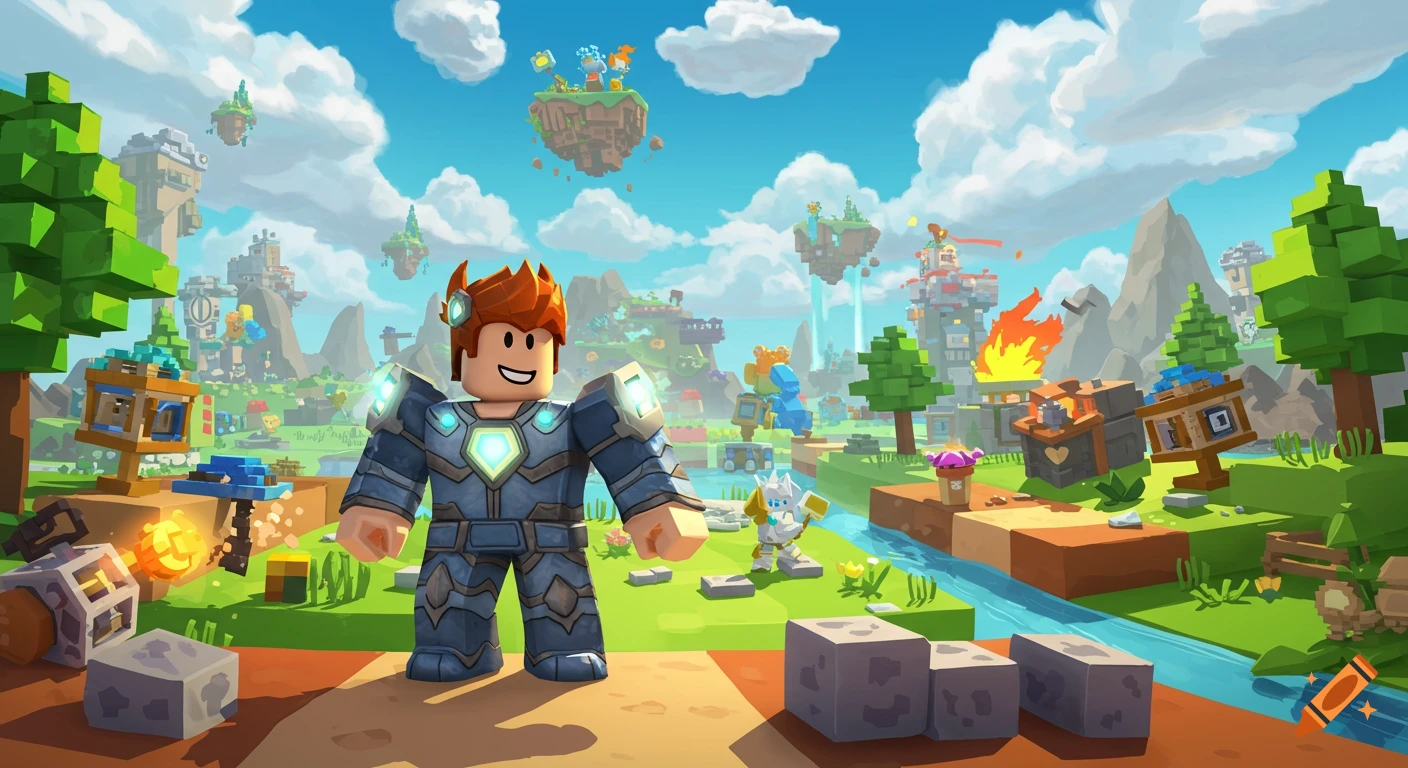 A blocky cartoon character in armor stands in a vibrant fantasy video game world with floating islands, structures, and a river.