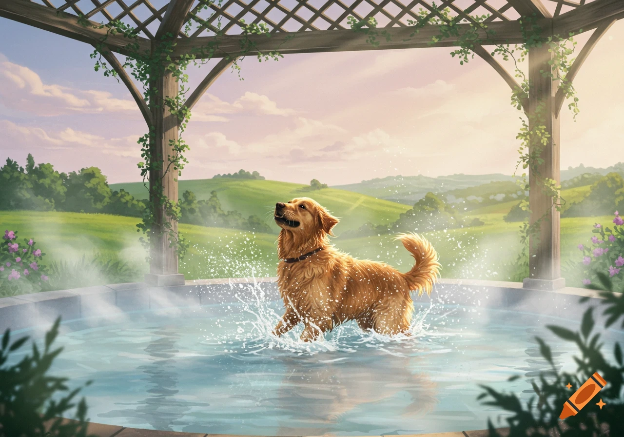 Golden retriever splashes in a hot tub under a garden trellis, set against a serene green landscape and pink sky. Illustration.