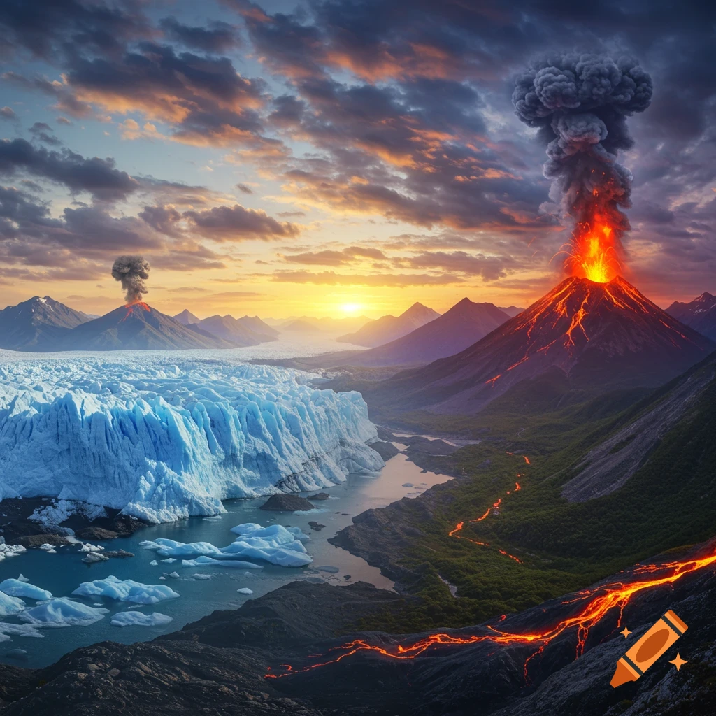 Photorealistic landscape showing a massive blue glacier contrasting with an erupting volcano with lava flows at sunset.