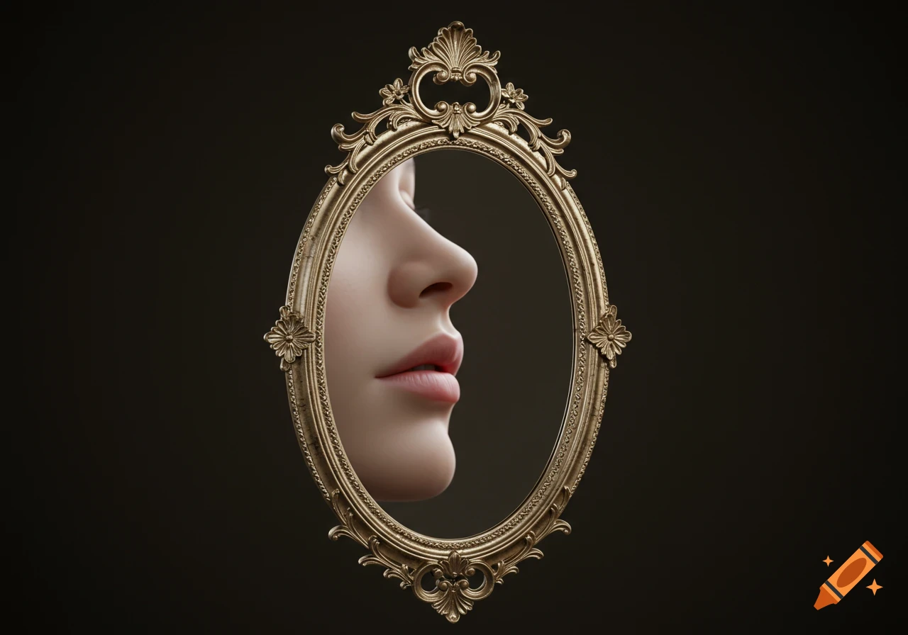 Photorealistic close-up of a female face reflected in an ornate golden oval mirror against a dark background.