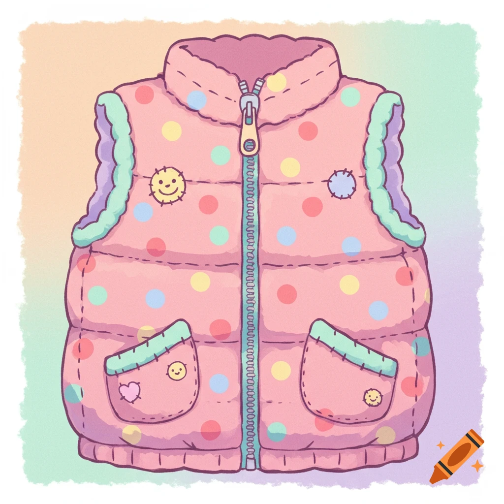 Cute cartoon pink vest with colorful polka dots, zipper, and small patches on a pastel background.