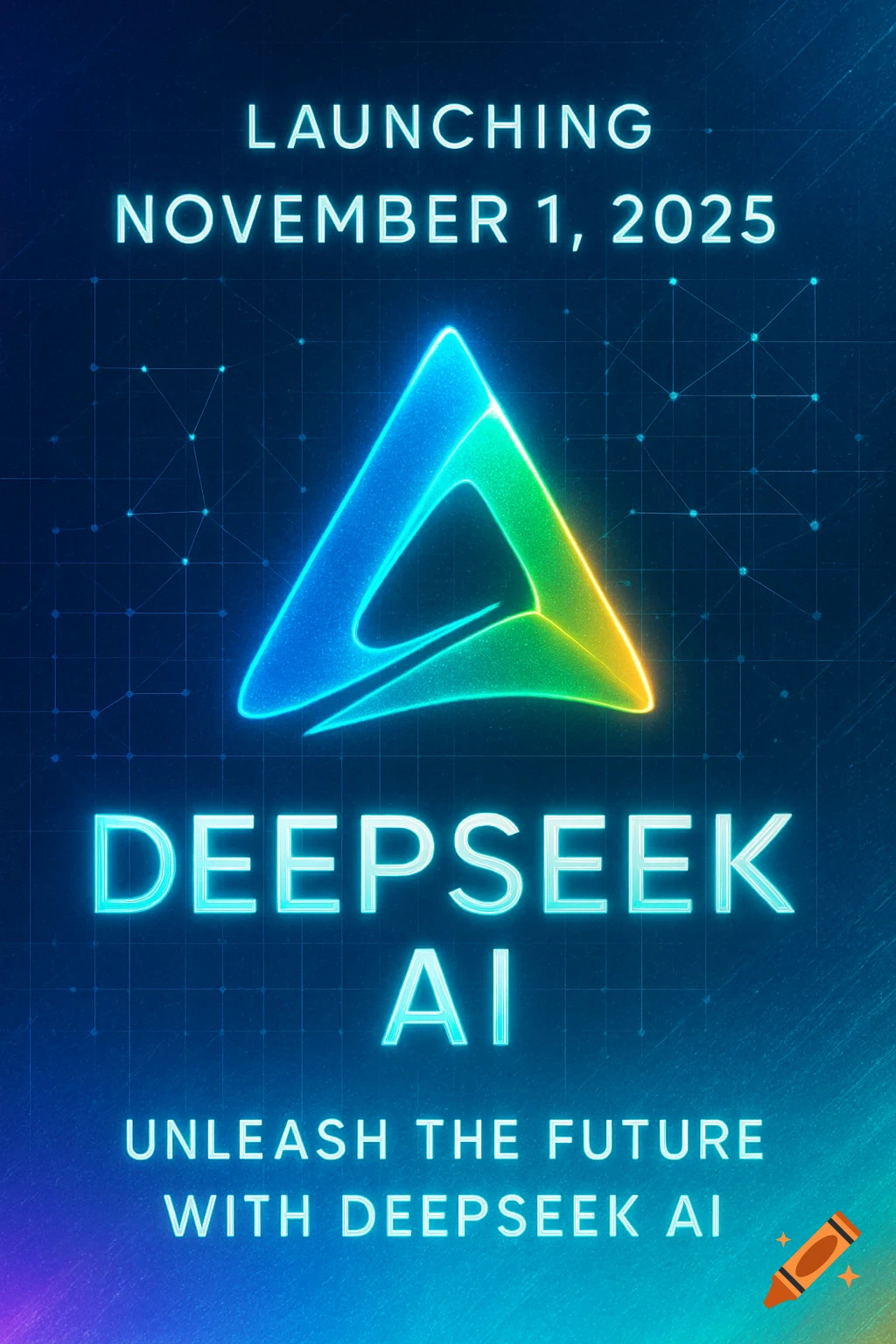 Digital poster for Deepseek AI launch, featuring a glowing blue, green, and orange triangular logo against a dark blue grid background, with launch date November 1, 2025.