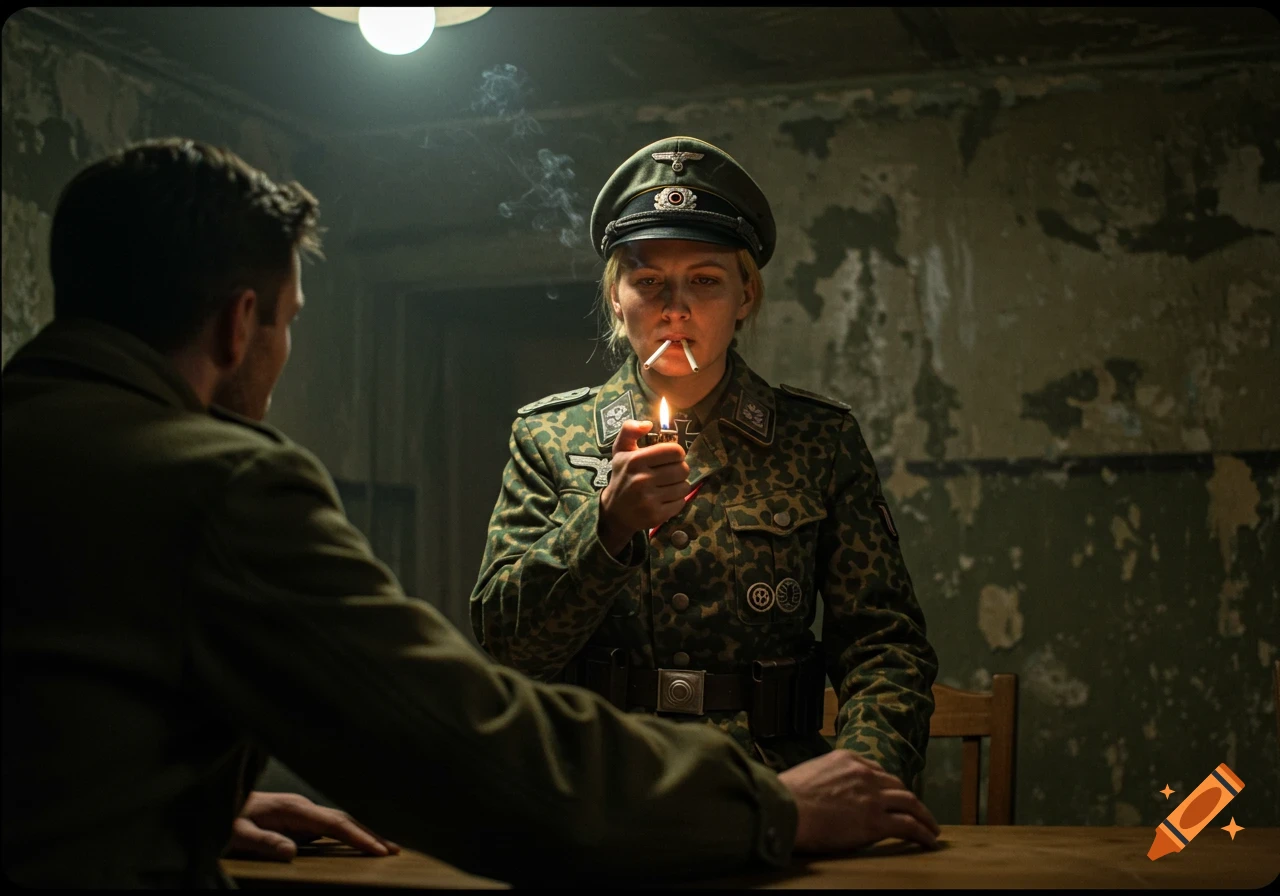 A woman in a WWII German officer uniform, wearing a peaked cap and camouflage uniform, lights a cigarette. A man's shoulder is in the foreground. Grainy, filmic style.
