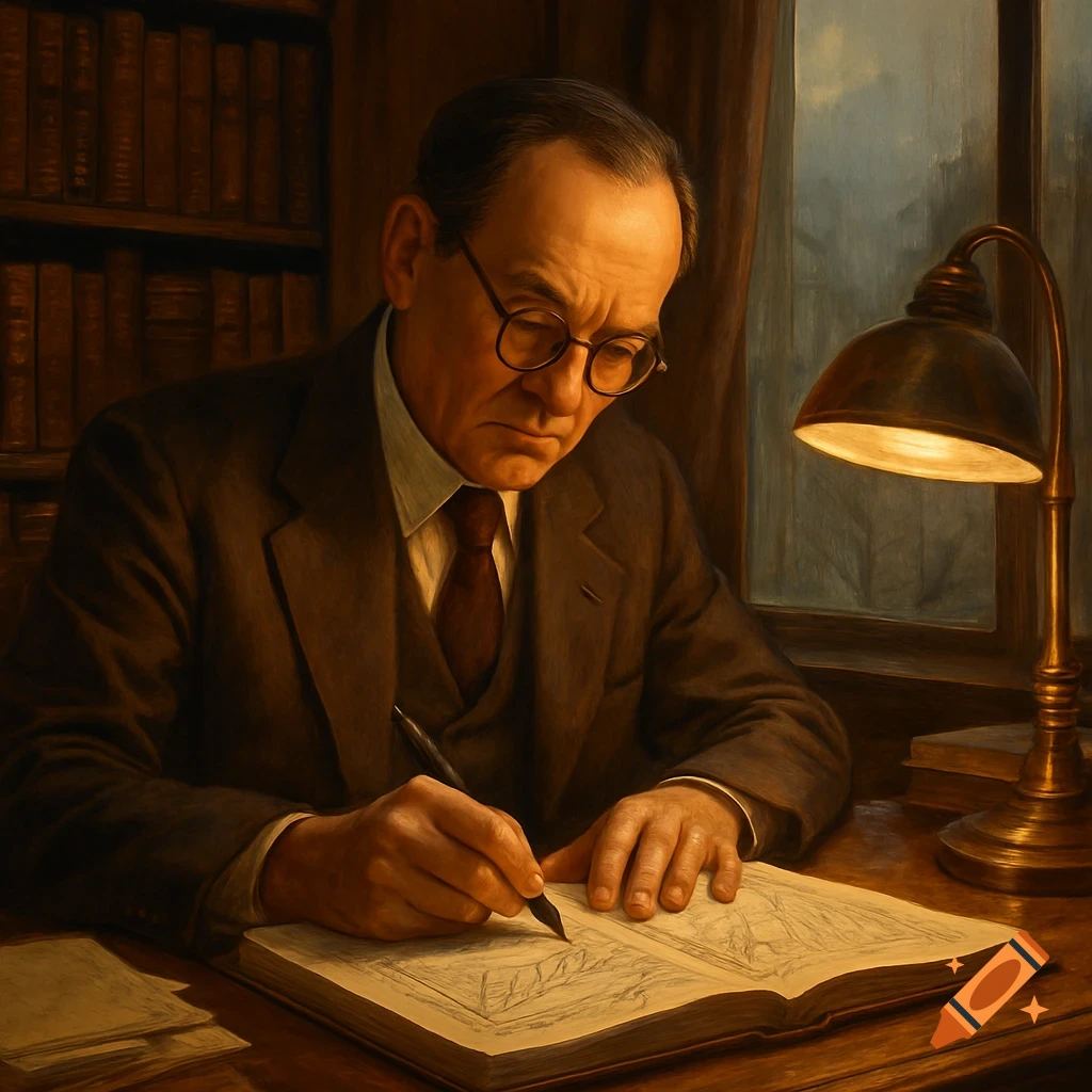 A man in a suit and glasses writes in a large book at a wooden desk, illuminated by a warm lamp, in a dimly lit room with bookshelves.