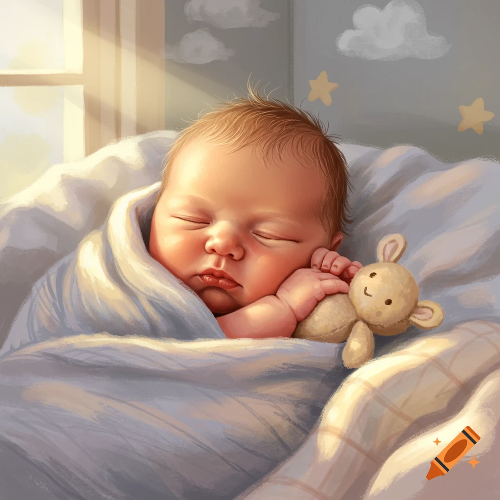 Close-up illustration of a newborn baby sleeping peacefully, wrapped in a blanket, holding a small toy bunny. Sunlight streams from a window.