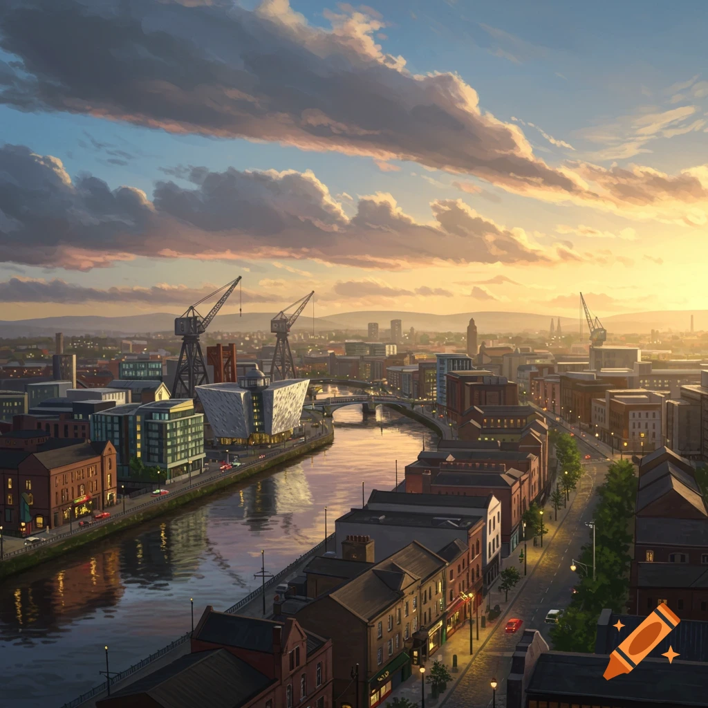 A colorful, stylized aerial view of Belfast city at sunset, showing a river, bridges, cranes, and buildings.