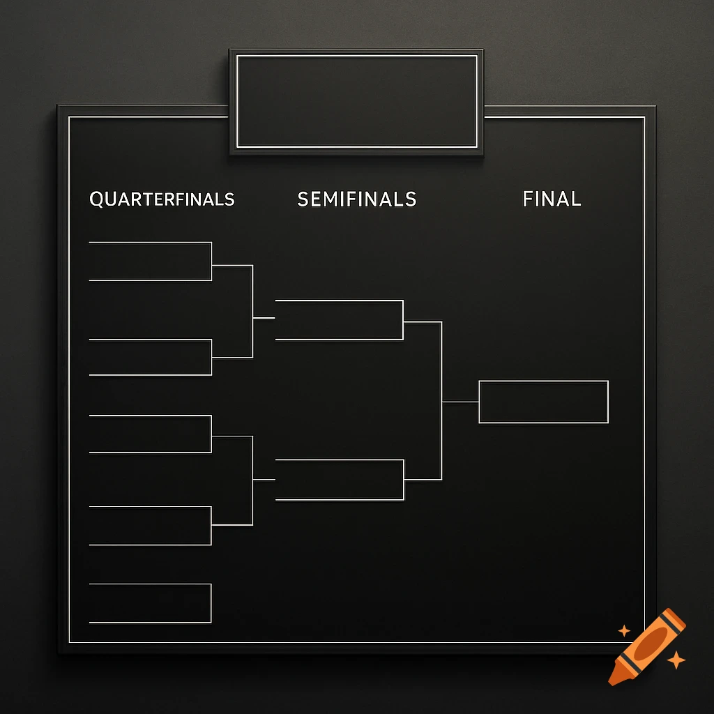 Blank black tournament bracket showing quarter-finals, semi-finals, and final stages, with space for text and an image.