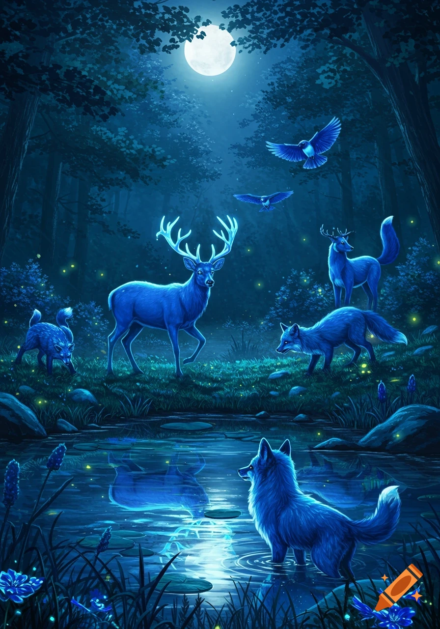 A mystical moonlit forest scene with glowing blue deer, foxes, and birds by a pond, surrounded by luminous flora.