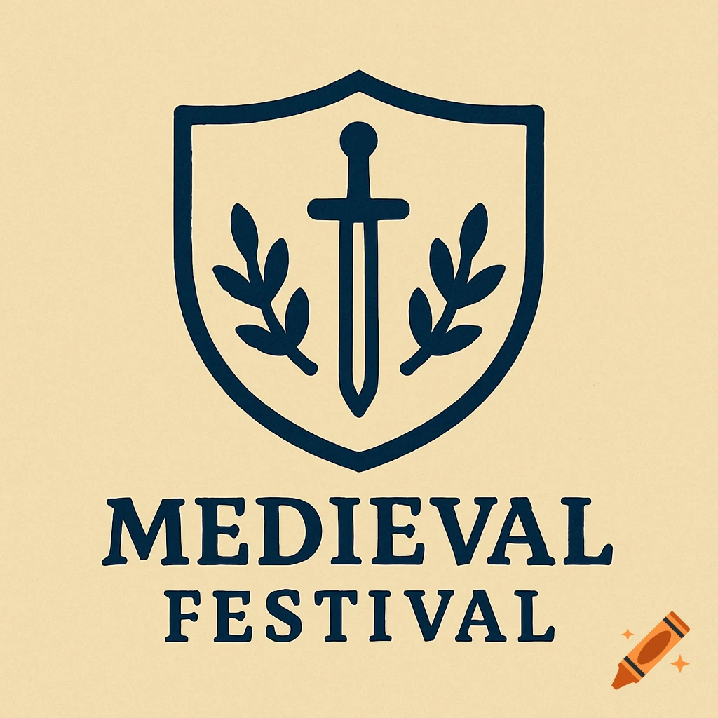 Minimalist logo for a medieval festival, featuring a shield, sword, and laurel leaves, with the text 'MEDIEVAL FESTIVAL'.
