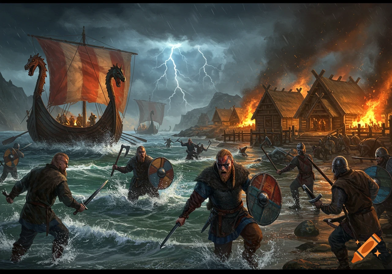 Viking longships land on a stormy coast, as warriors battle in the water and a village burns under a lightning-filled sky. Detailed digital art.