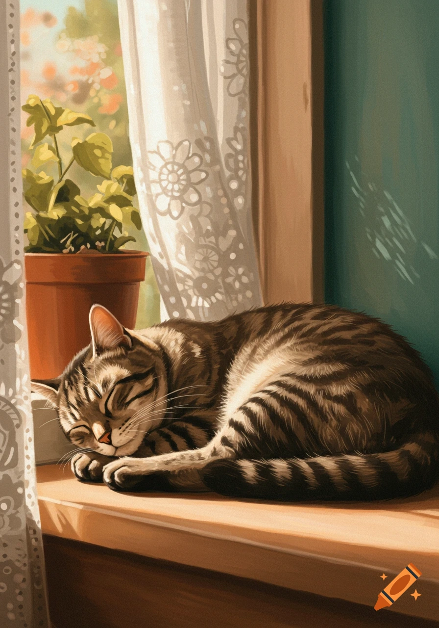 A striped tabby cat peacefully sleeps on a sunlit wooden windowsill next to a potted plant and lace curtains, in a painterly style.